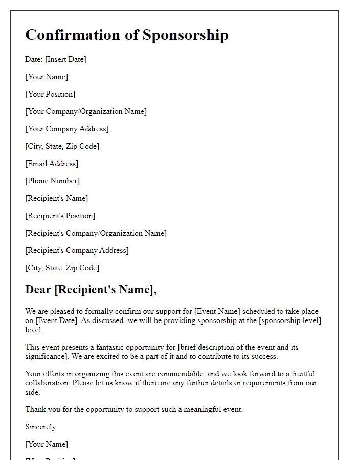 Letter template of confirming support for sponsorship event