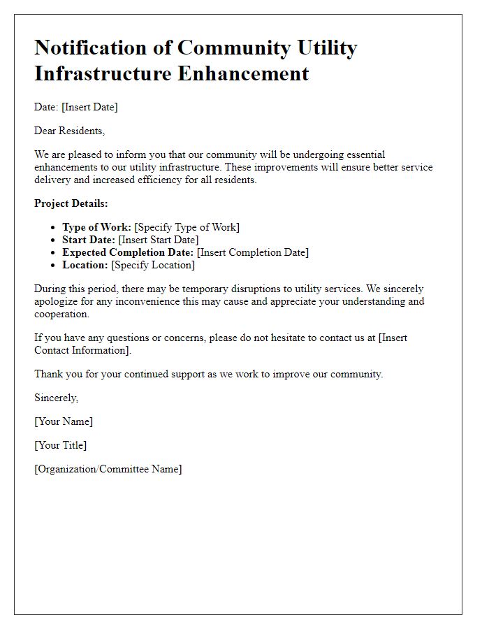 Letter template of community utility infrastructure enhancement notification