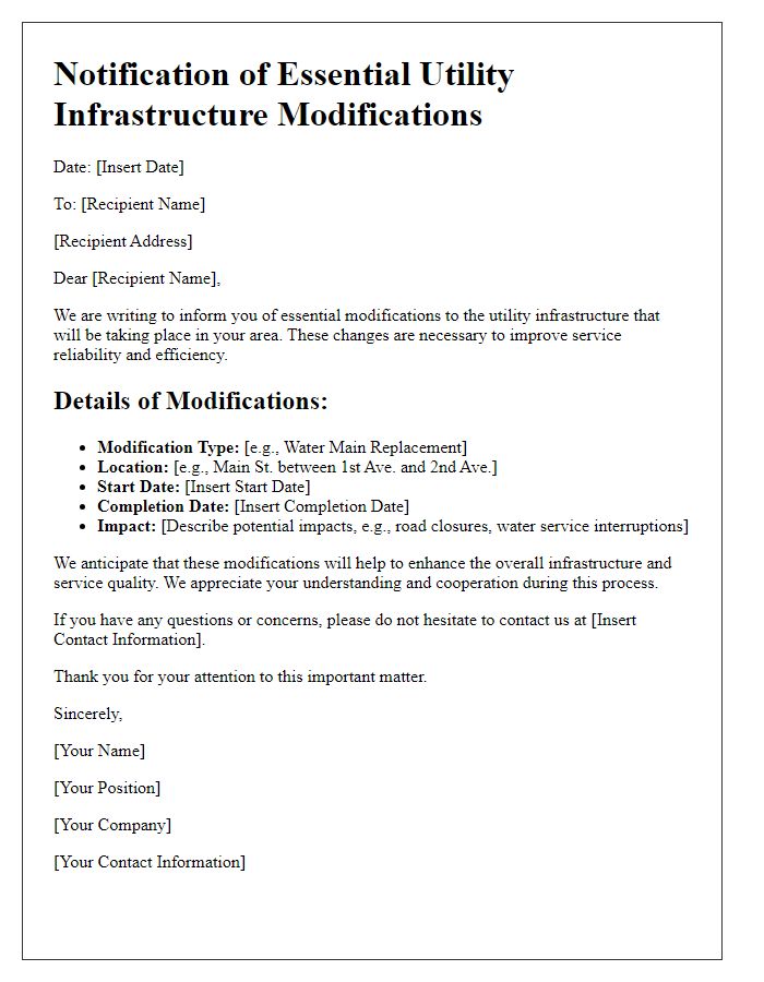 Letter template of essential utility infrastructure modifications