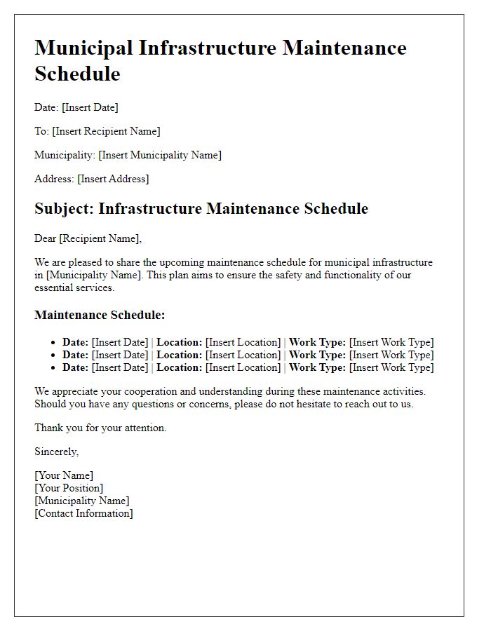 Letter template of municipal infrastructure maintenance schedule