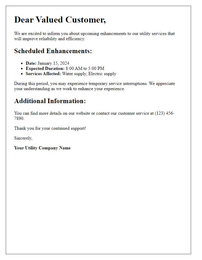 Letter template of planned utility enhancement communications