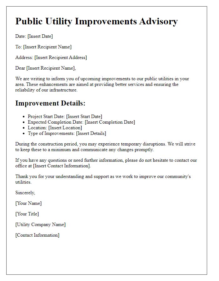 Letter template of public utility improvements advisory