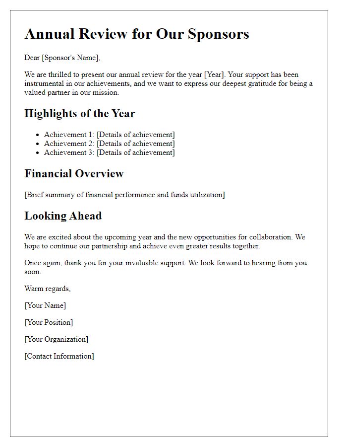 Letter template of annual review for sponsors