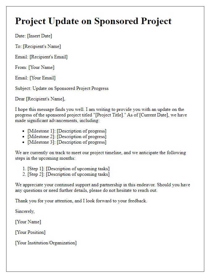 Letter template of update on sponsored project progress