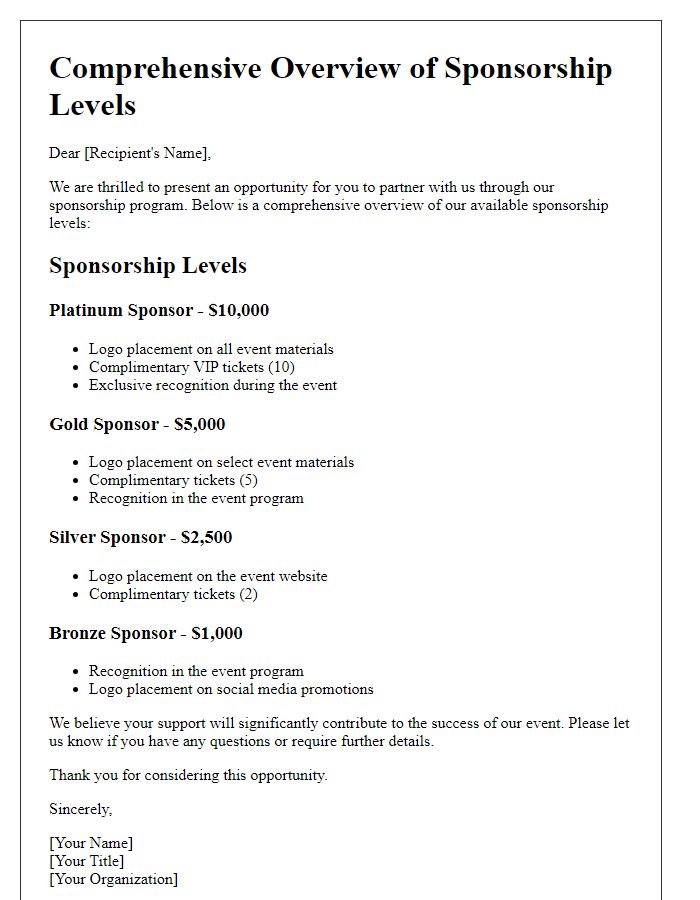 Letter template of Comprehensive Overview of Sponsorship Levels