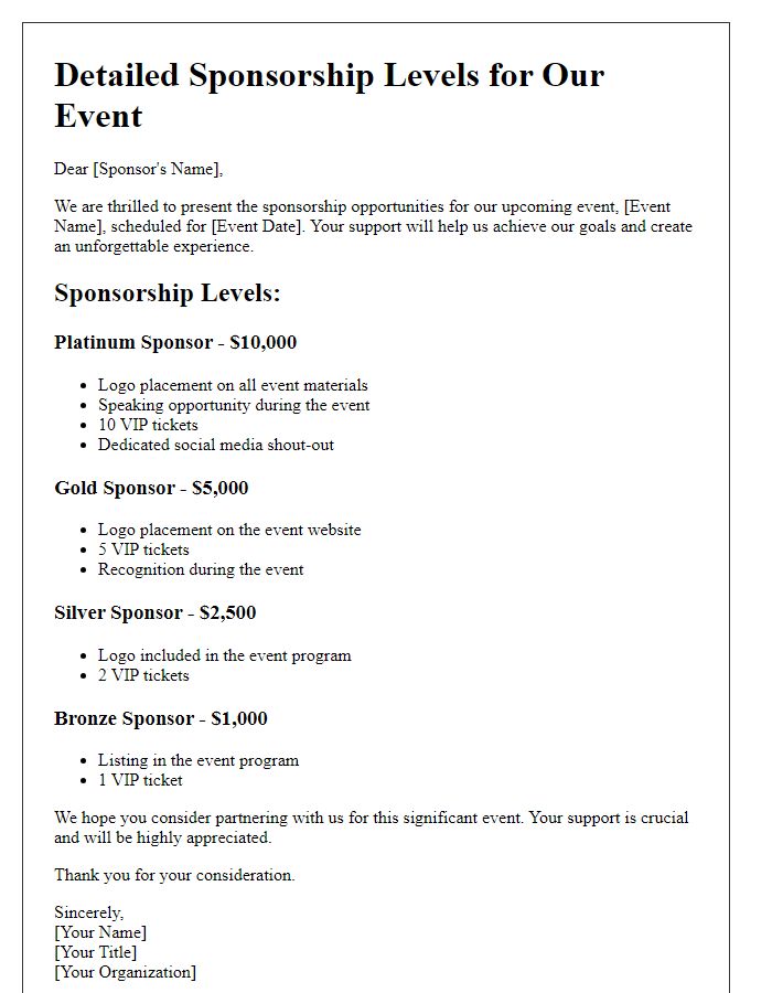 Letter template of Detailed Sponsorship Levels for Our Event