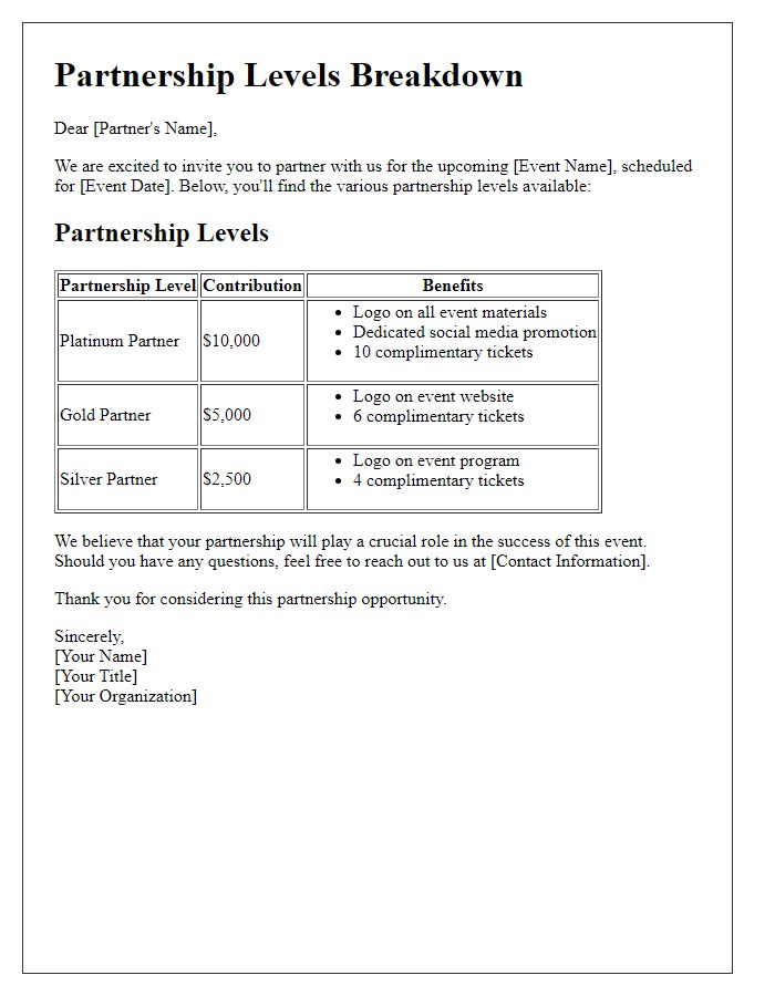 Letter template of Event Partnership Levels Breakdown