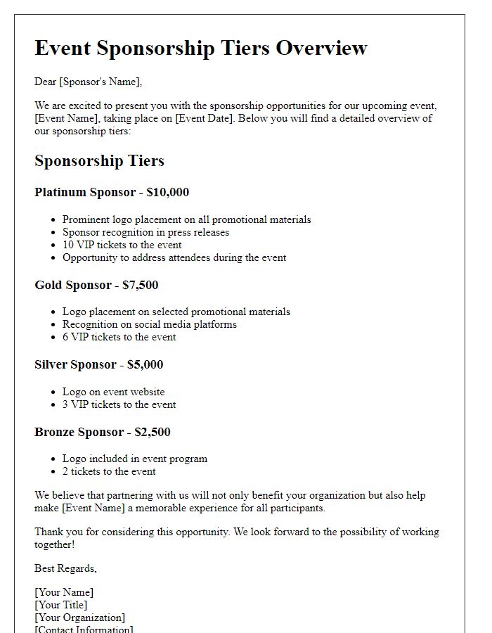 Letter template of Event Sponsorship Tiers Overview