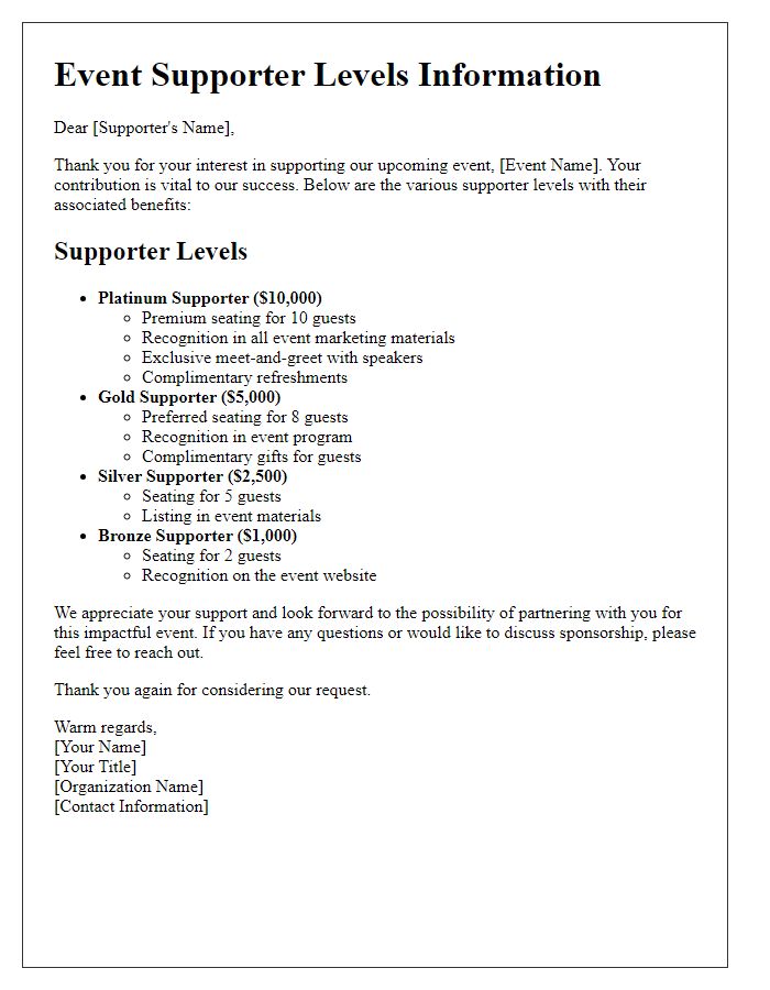 Letter template of Event Supporter Levels Information