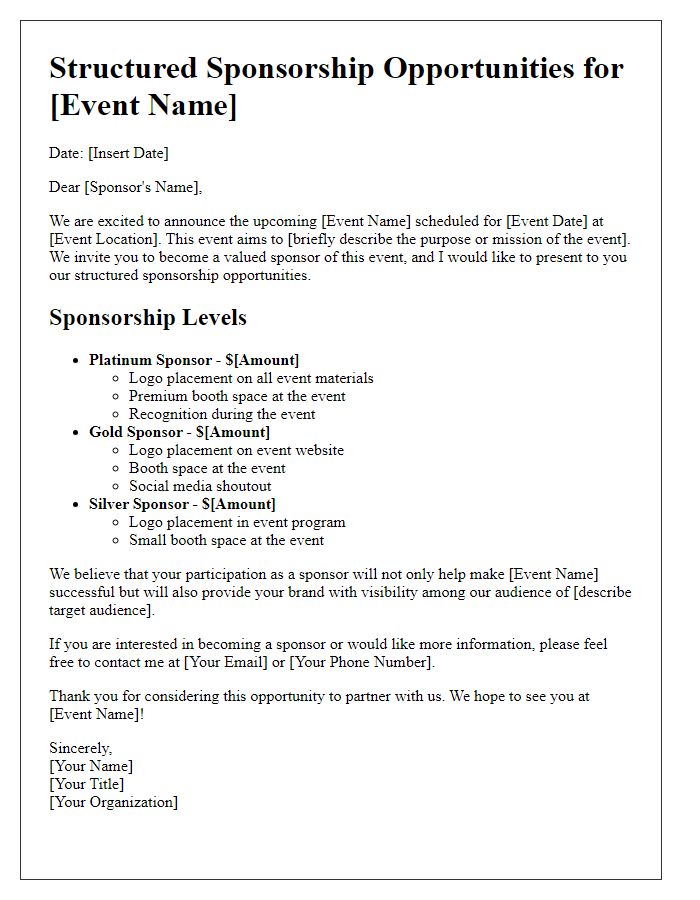 Letter template of Structured Sponsorship Opportunities for Events