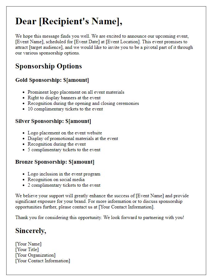 Letter template of Various Sponsorship Options for Events