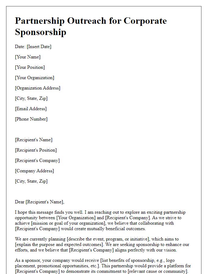 Letter template of partnership outreach for corporate sponsorship.