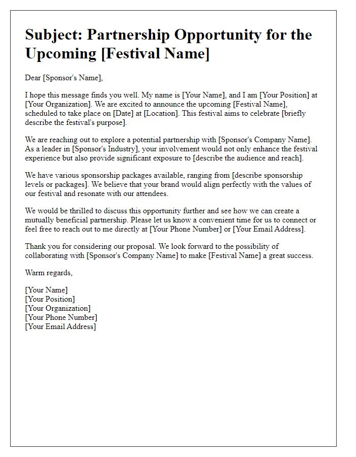 Letter template of outreach letter for festival sponsorship.