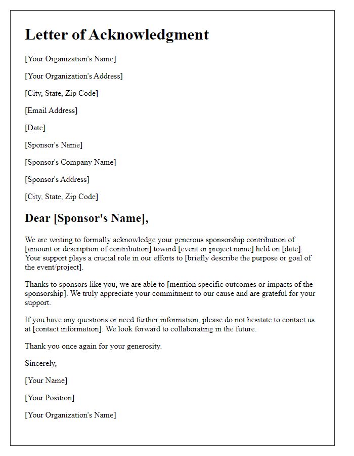 Letter template of acknowledgment for sponsorship contribution