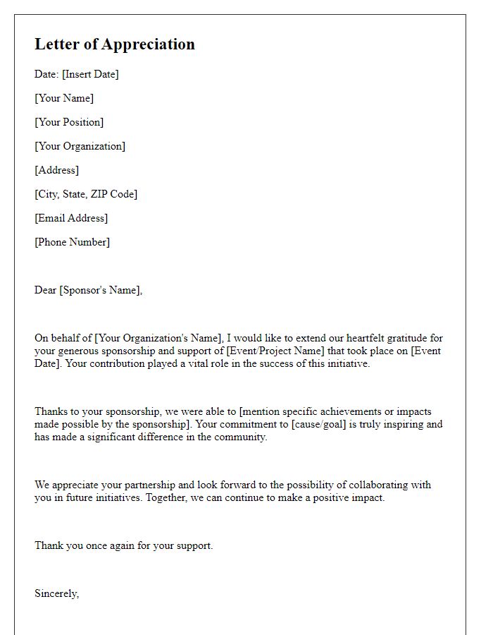 Letter template of appreciation for sponsorship support