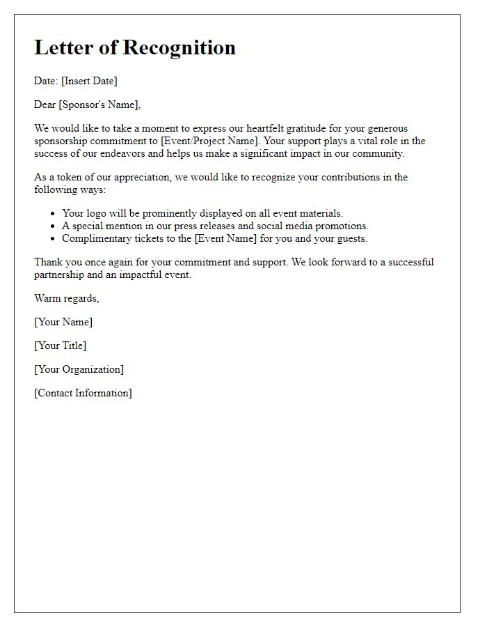 Letter template of recognition for your sponsorship commitment