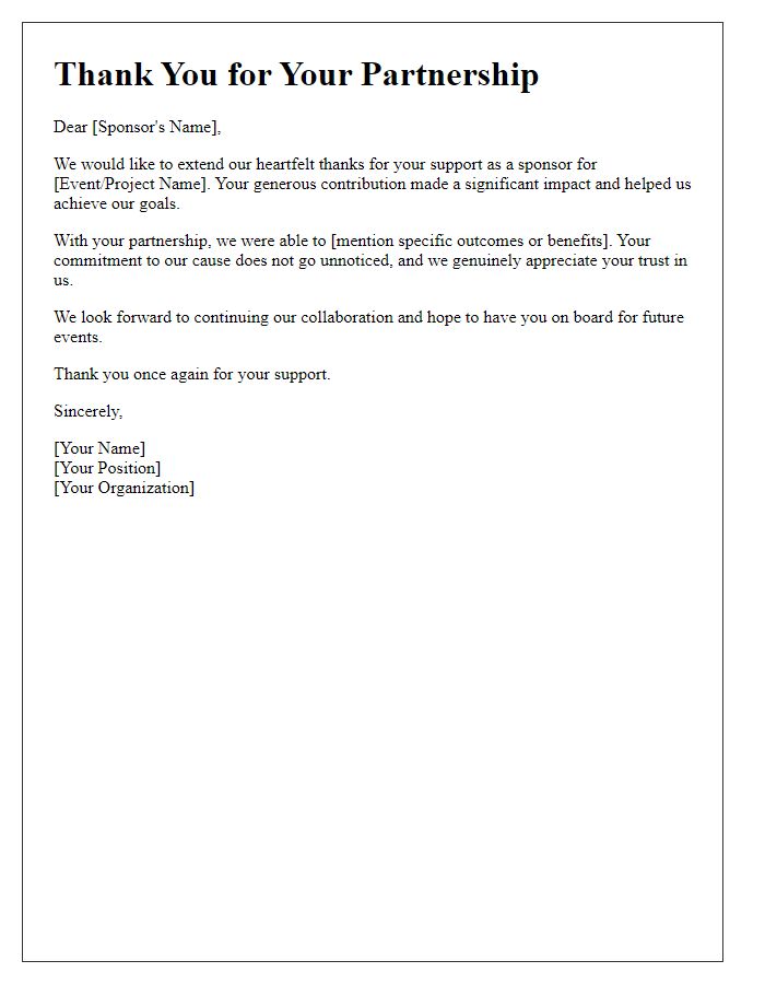 Letter template of thanks for partnering as a sponsor