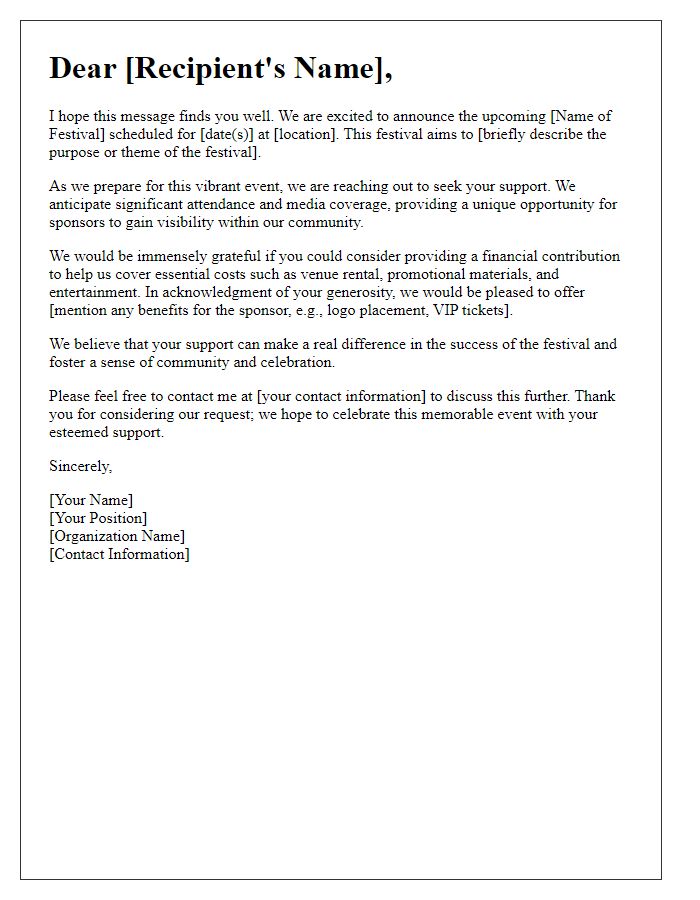 Letter template of appealing for financial support for festival.