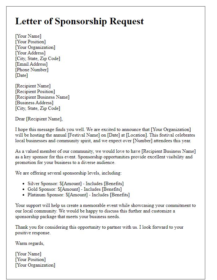 Letter template of approach for local business festival sponsorship.