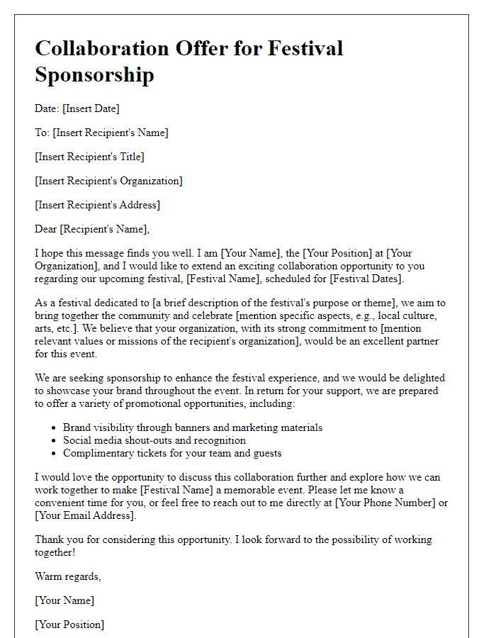 Letter template of collaboration offer for festival sponsorship program.