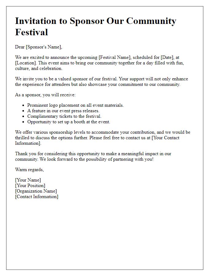 Letter template of invitation to sponsor our community festival.