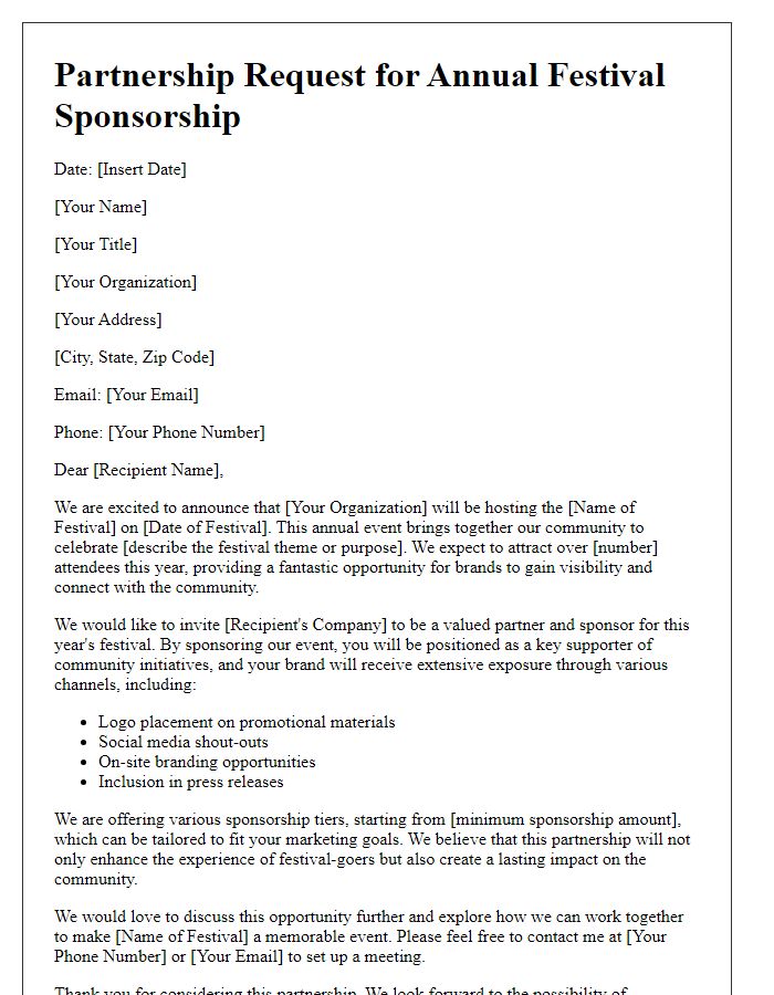 Letter template of partnership request for annual festival sponsorship.