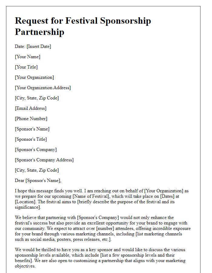 Letter template of request for festival sponsorship partnership.