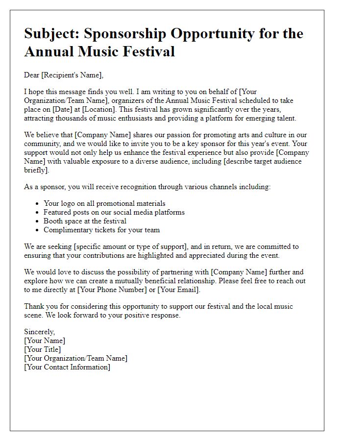 Letter template of seeking corporate sponsorship for music festival.