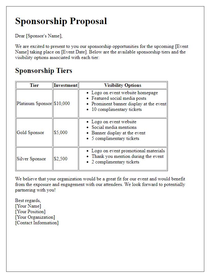 Letter template of available sponsorship tiers and visibility options