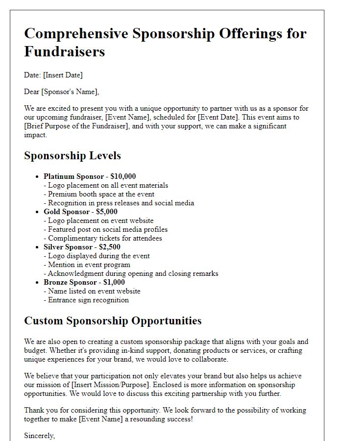 Letter template of comprehensive sponsorship offerings for fundraisers