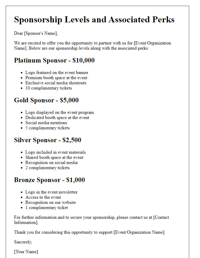 Letter template of sponsorship levels and associated perks