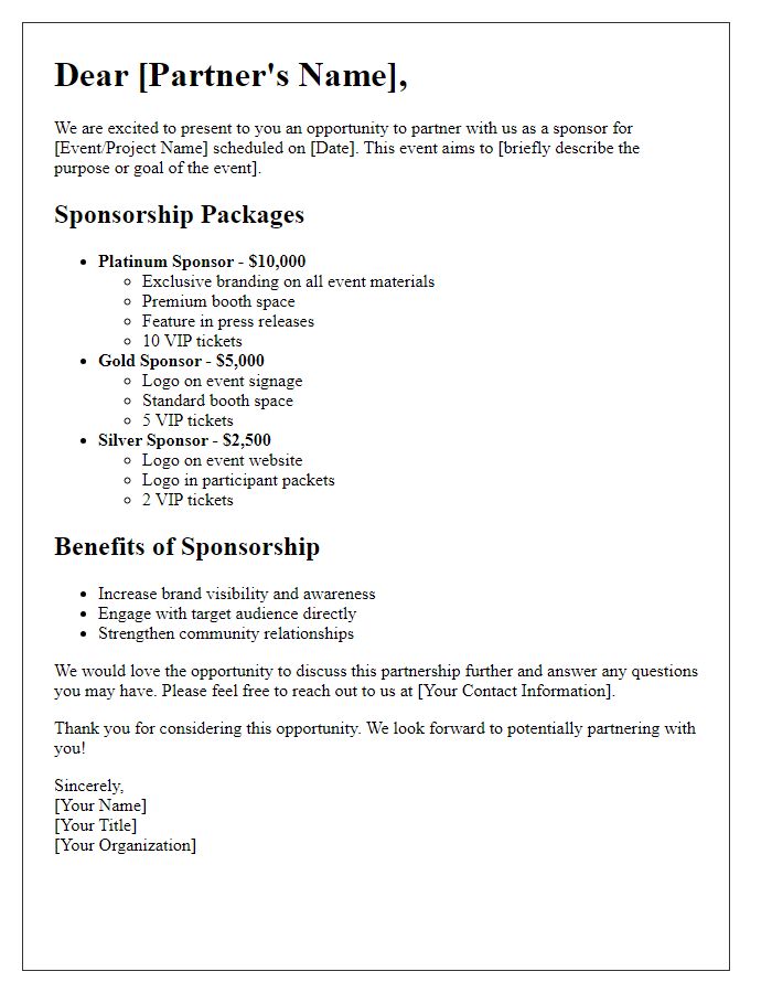 Letter template of sponsorship package details for potential partners