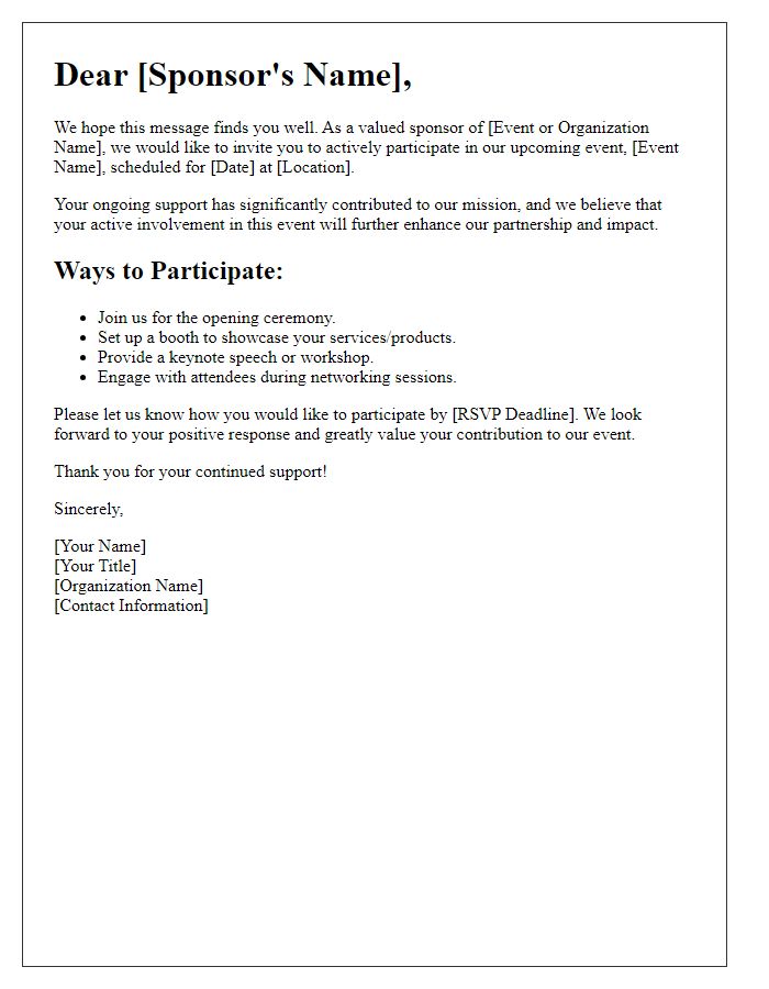 Letter template of communication for active sponsor participation