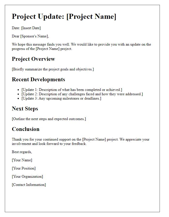 Letter template of updates for ongoing sponsor projects