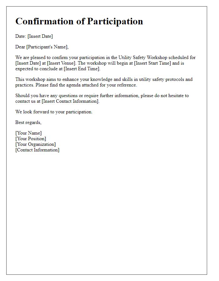 Letter template of confirmation for utility safety workshop participation