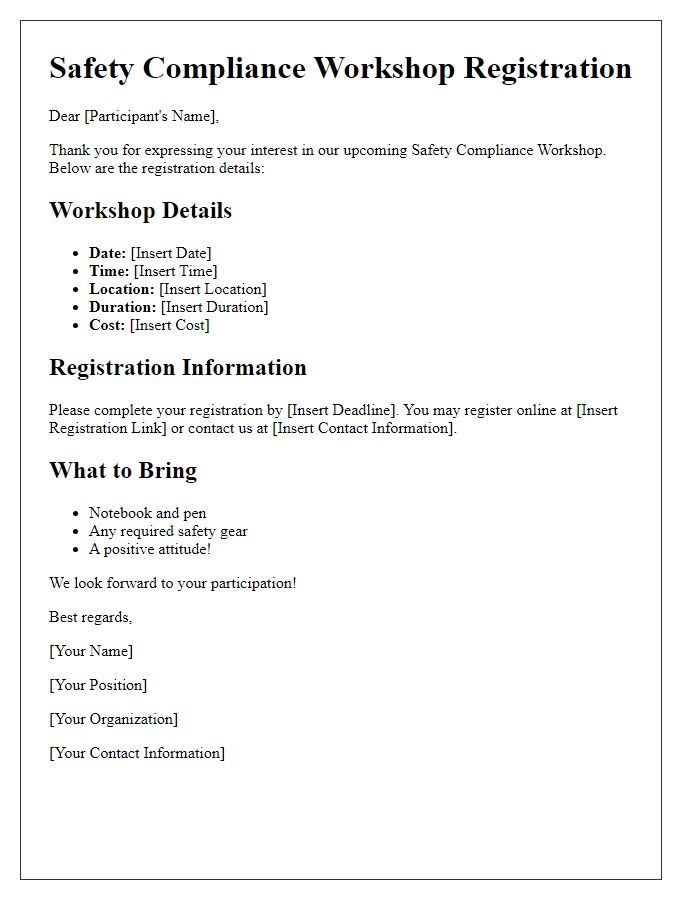 Letter template of safety compliance workshop registration details