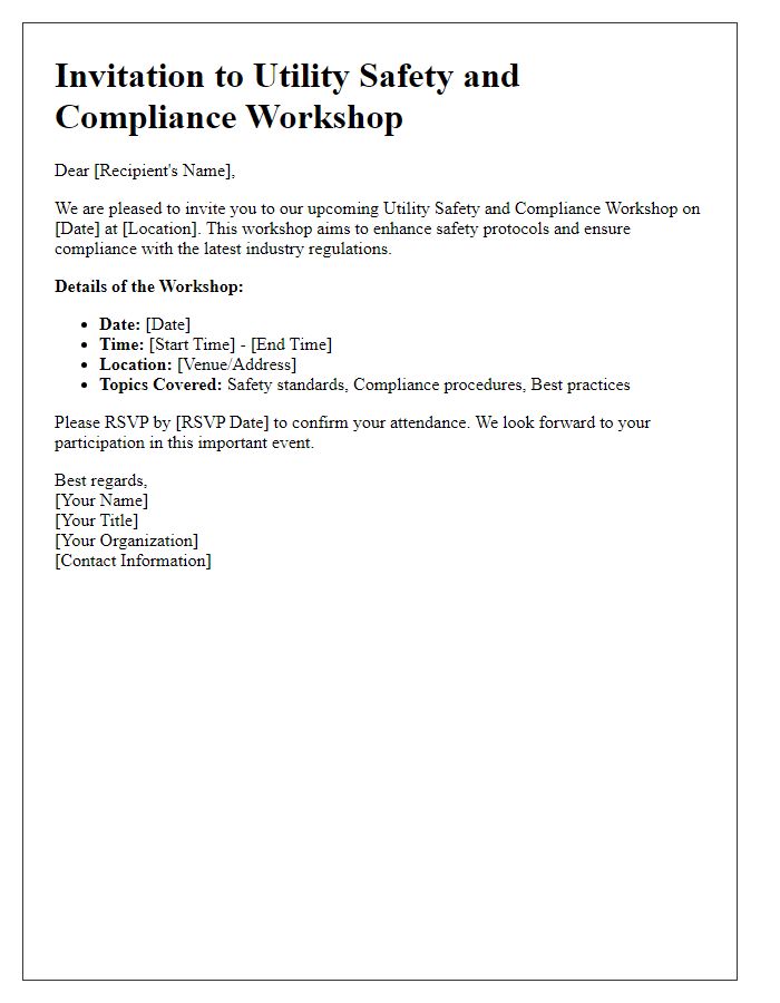 Letter template of utility safety and compliance workshop invitation