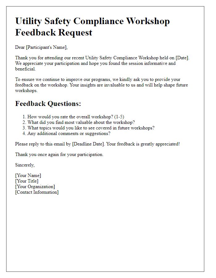 Letter template of utility safety compliance workshop feedback request