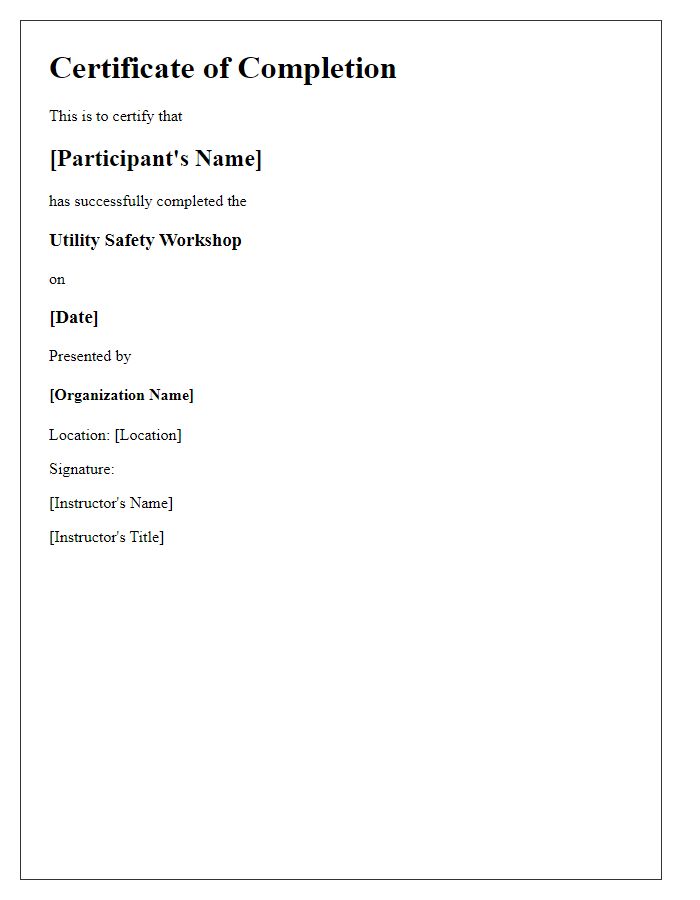 Letter template of utility safety workshop completion certificate