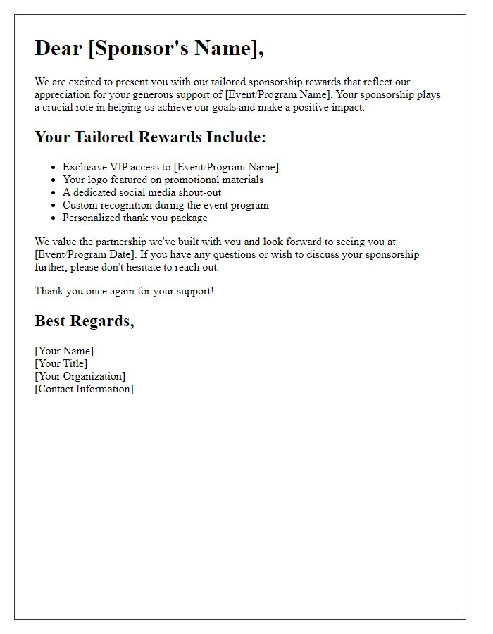 Letter template of Tailored Sponsorship Rewards