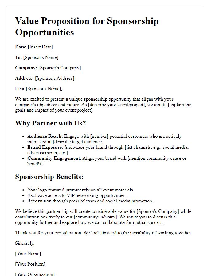 Letter template of Value Proposition for Sponsorship Opportunities