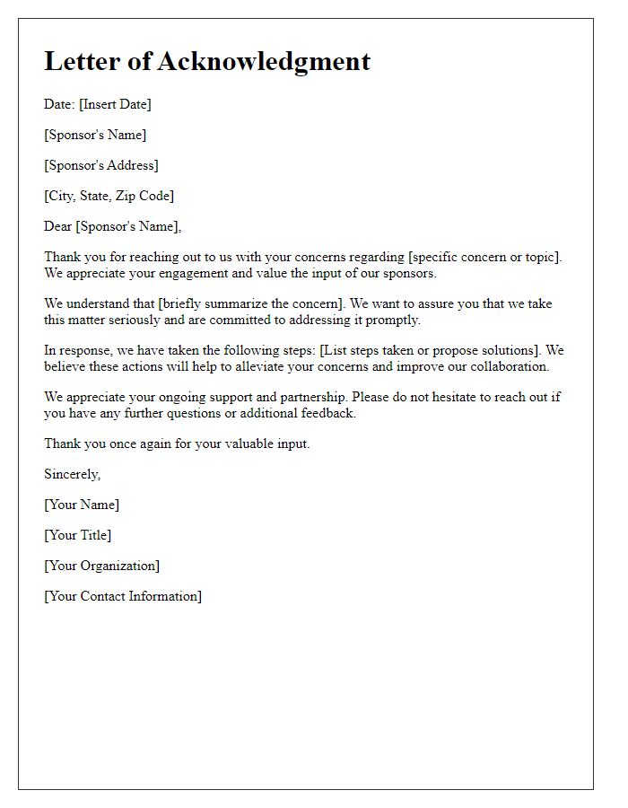 Letter template of acknowledging sponsor concerns and responses