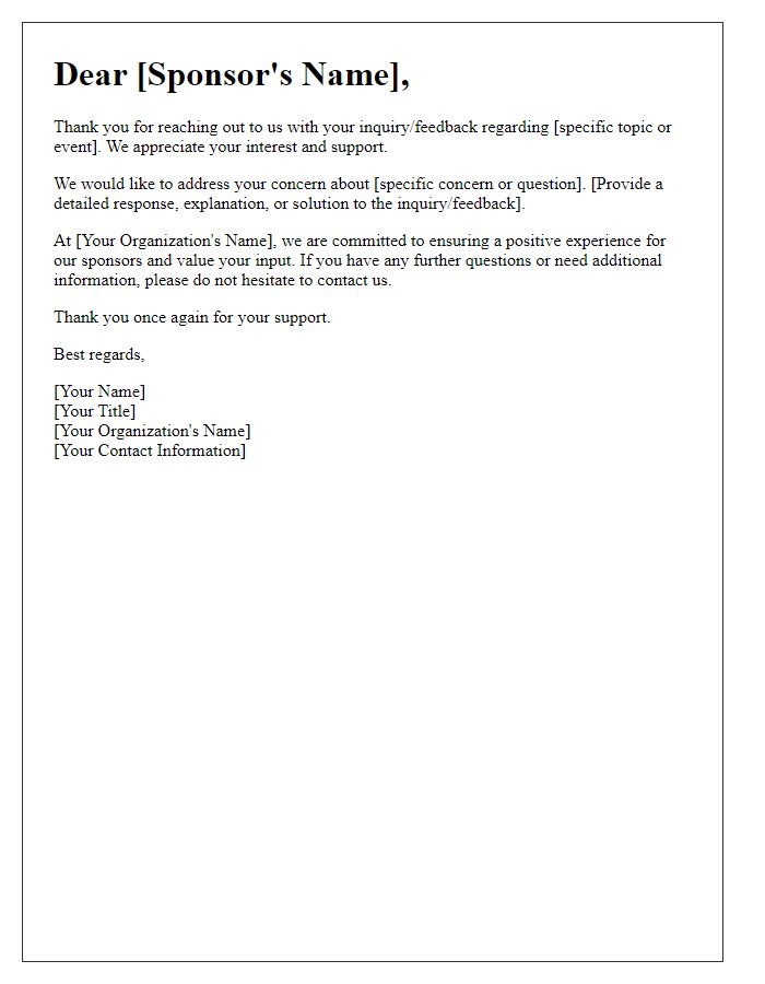 Letter template of addressing sponsor inquiries and feedback