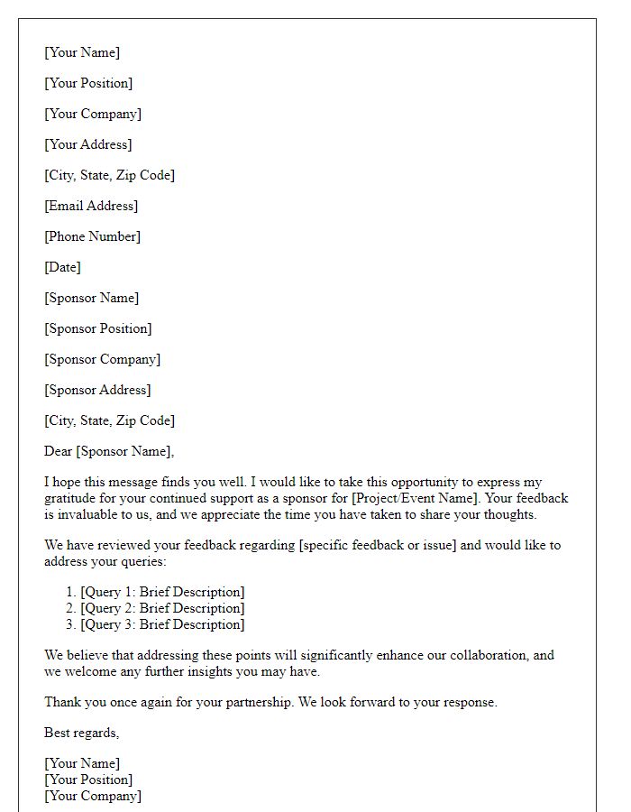 Letter template of discussing sponsor feedback and queries