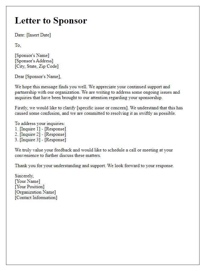 Letter template of resolving sponsor issues and inquiries