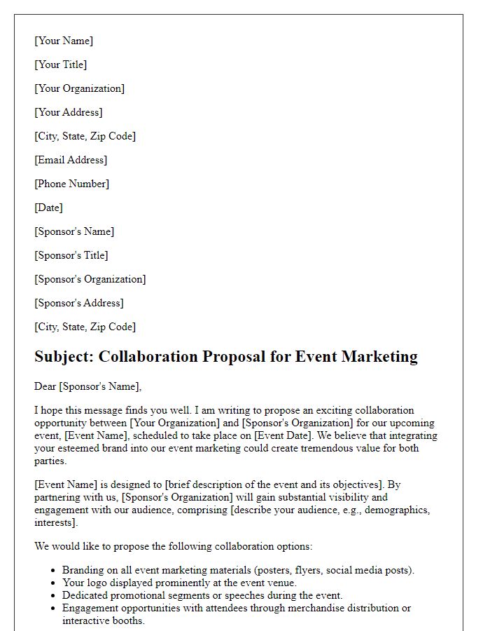 Letter template of collaboration proposal for integrating sponsor into event marketing.