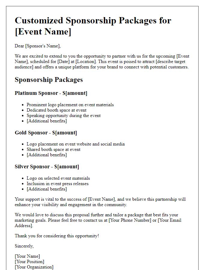 Letter template of customized sponsorship packages for event marketing.