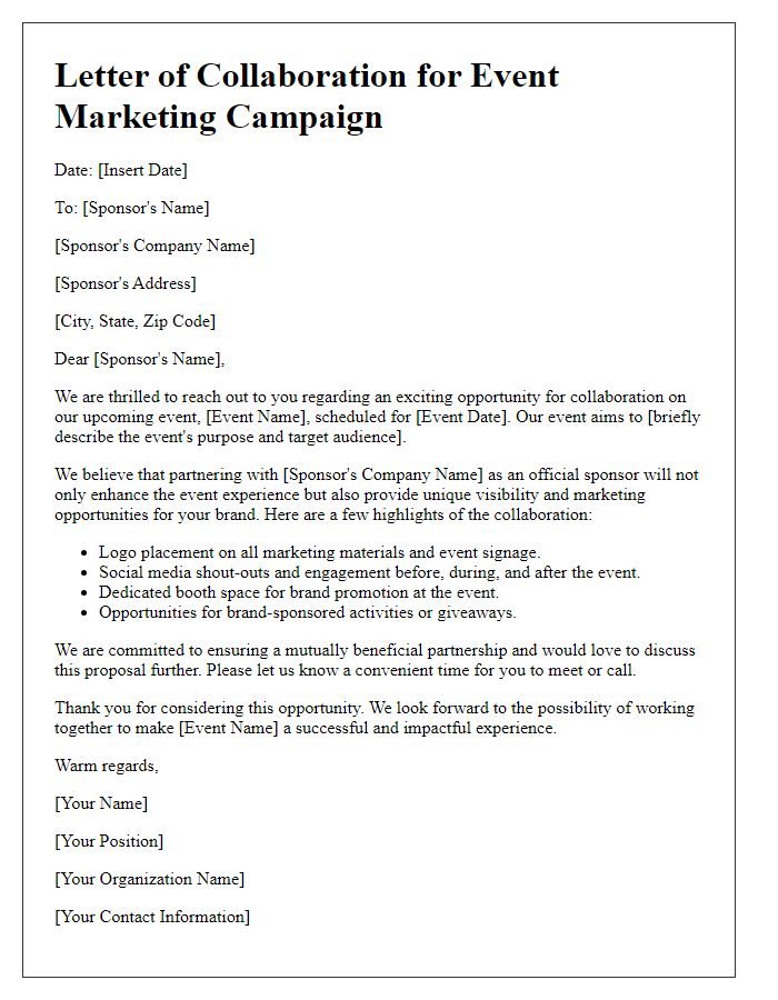 Letter template of effective sponsor collaboration in event marketing campaigns.