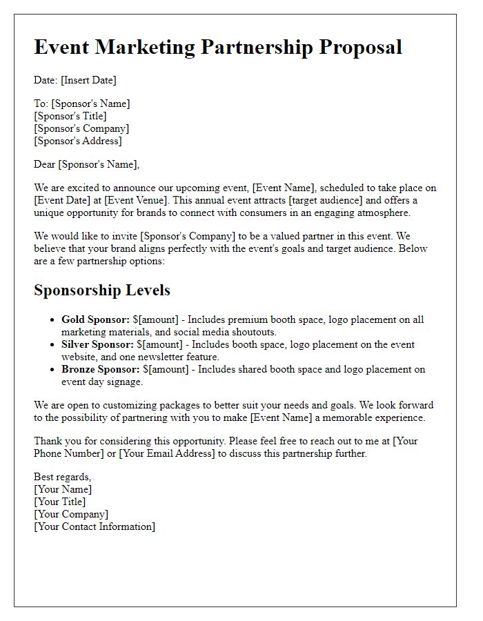 Letter template of event marketing partnership with sponsor options.