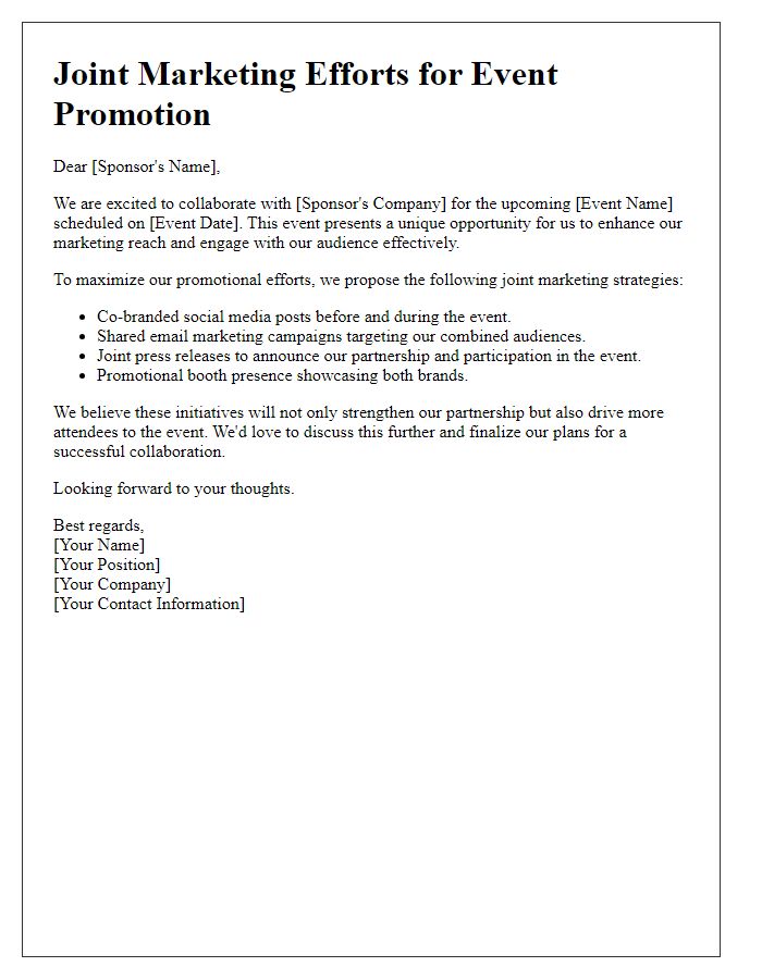 Letter template of joint marketing efforts with sponsors for event promotion.